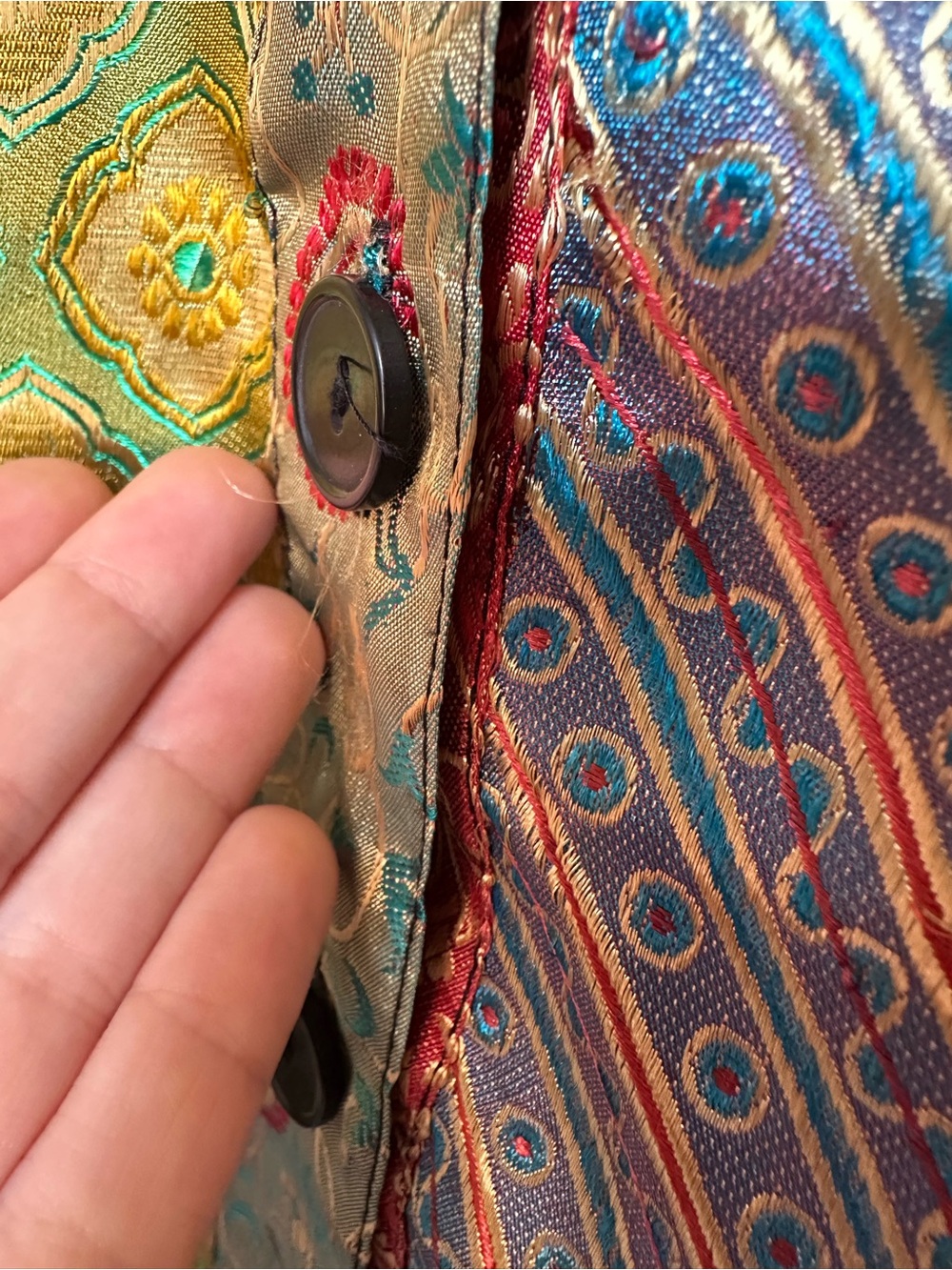 Sacred Threads Multicolor Patchwork Satin Button-Front Top - Picture 6 of 13